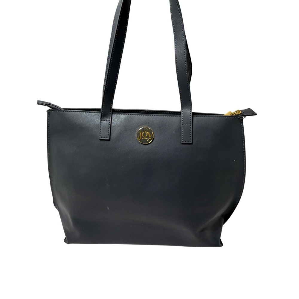 Joy Mangano Navy Leather Tote Bag Top Zip Gold Logo Shoulder Bag Chic Minimalist